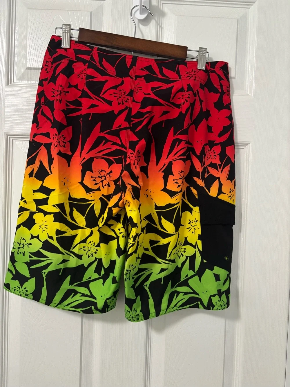 Hang Ten Black Swim Board Shorts with Red, Orange & Green Floral Gradient